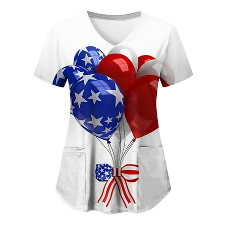 

Scrub Tops Women Stretchy Plus Size Casual Independence Day Print Short Sleeve Loose Top V-Neck Working Uniform