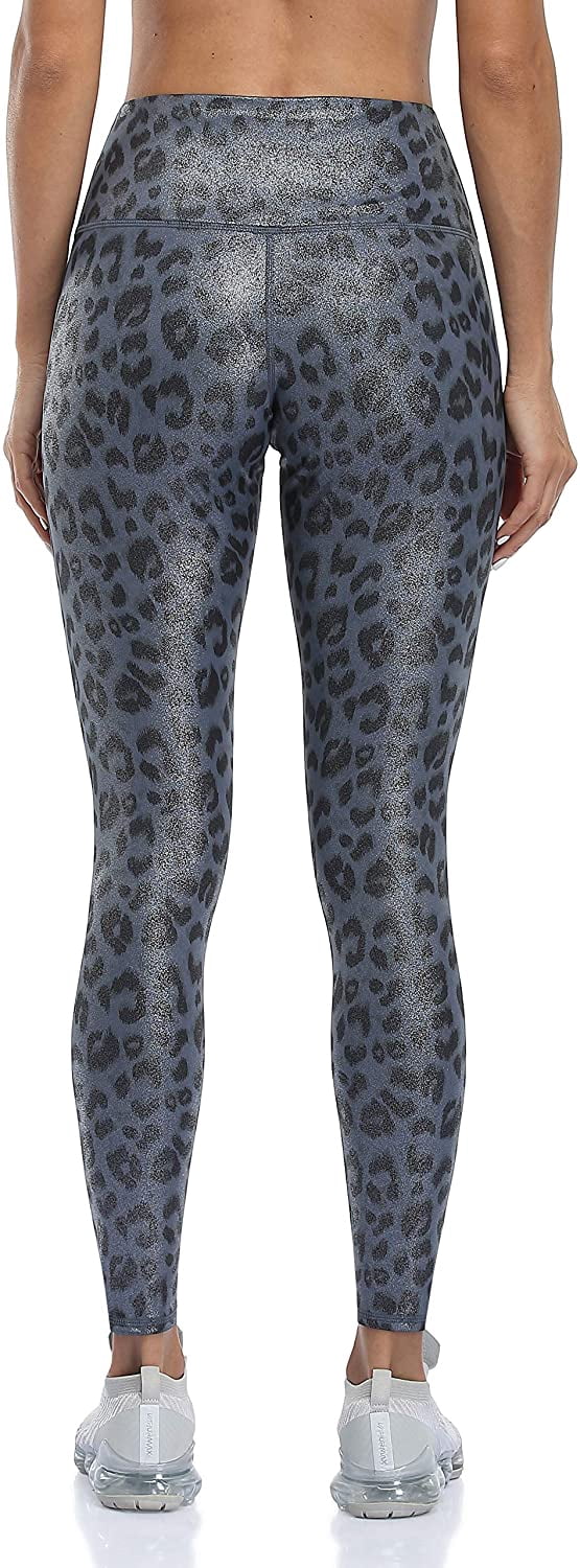 Women Faux Leather Leggings Leopard Print Liquid Shine Tummy Control Athletic Yoga Pants
