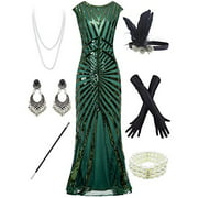 Women 1920S Gatsby Sequin Mermaid Formal Evening Dress with 20s Accessories Costume (M, Green)