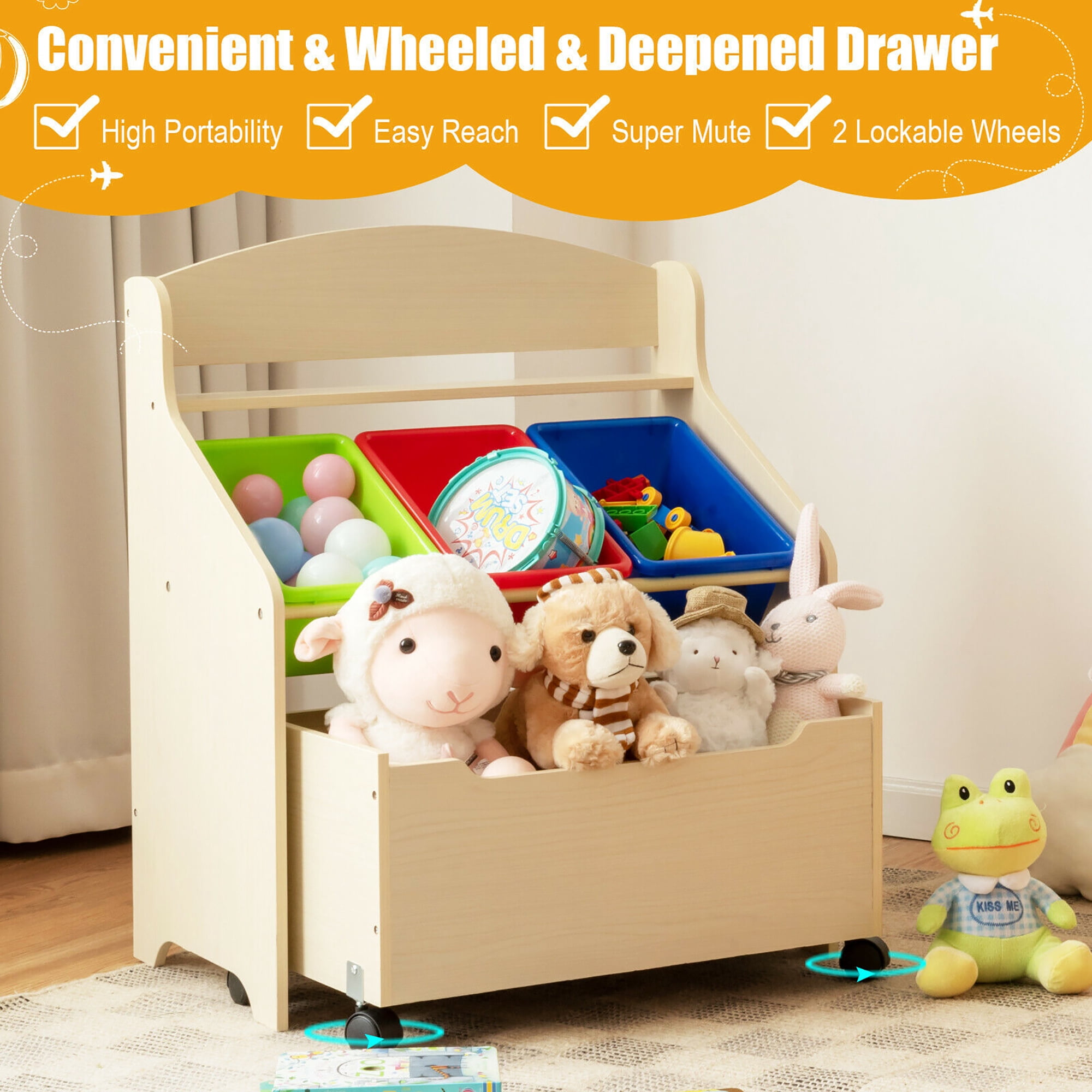 Costway Kids Wooden Toy Storage Unit Organizer w/Rolling Toy Box & Plastic Bins Natural