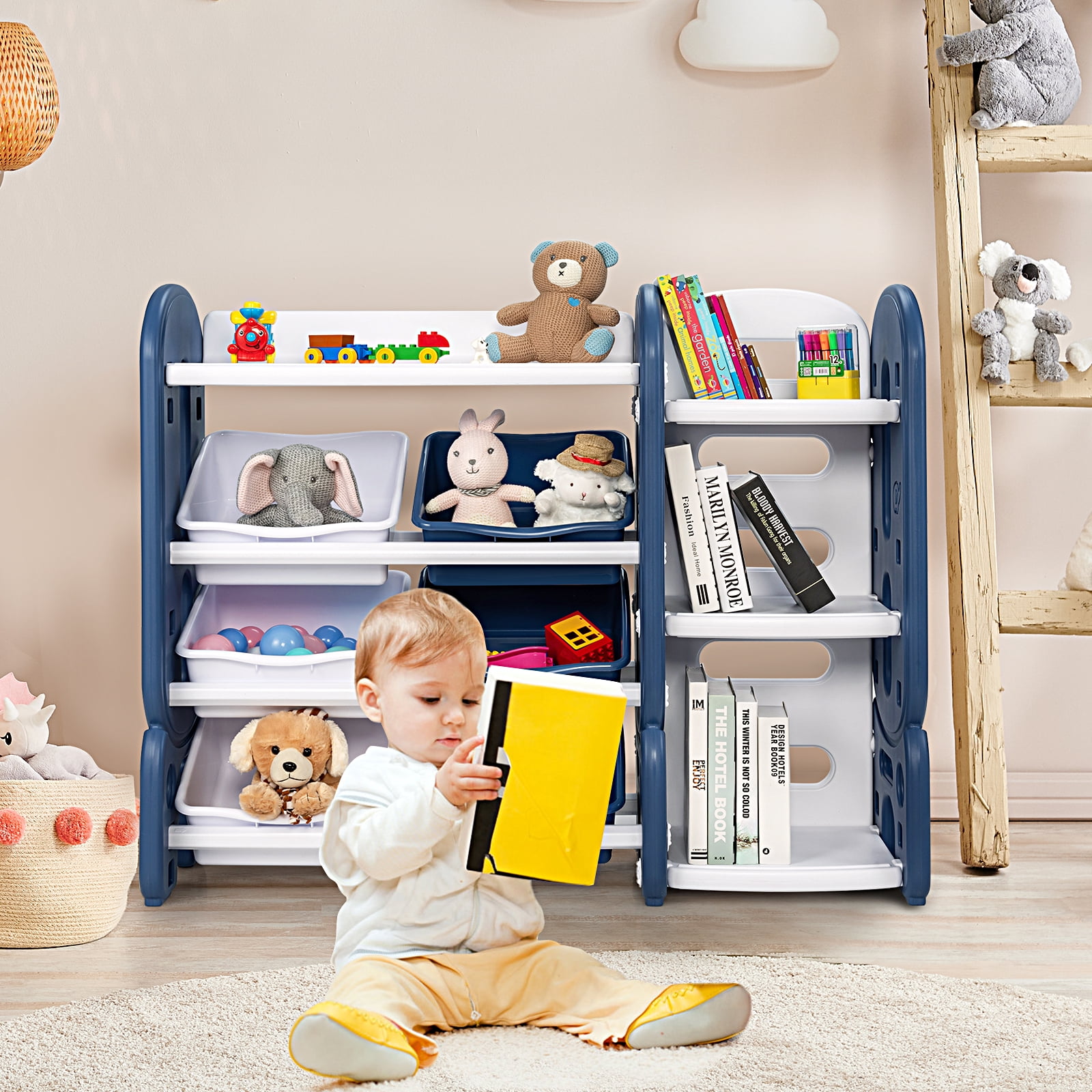 Infans Kids Toy Storage Organizer w/ Bins & Multi-Layer Shelf for Bedroom Playroom Blue