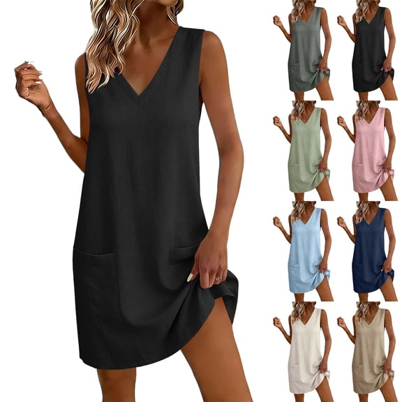 Womens Summer Dresses Women's Summer V Neck Dress Women's Decorative Button Linen Loose Pocket Short Sleeved Dress Black L