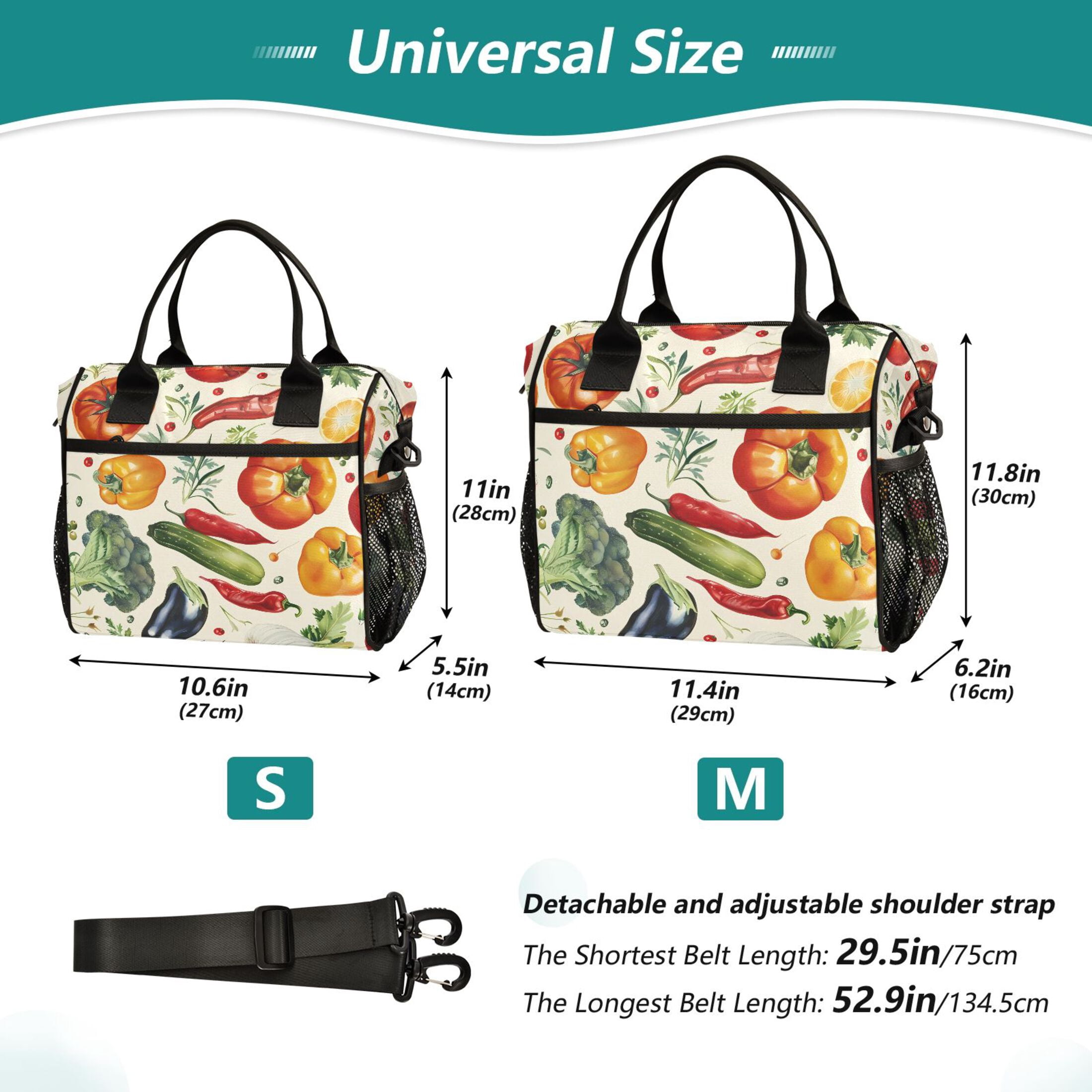 Lunch Bag Insulated Lunch Box Leakproof Reusable Cooler Tote Adjustable Shoulder Strap for Men Women Eggplant Pepper Tomato Broccoli 12L
