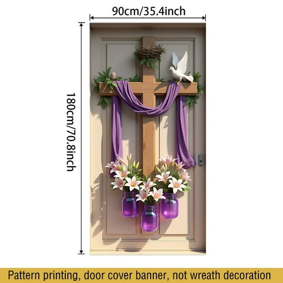 Easter Door Cover Banner, He is Risen Christian Cross with Purple Drapes and Lilies, for Spring Festive Party Wall Door Decoration Photo Props
