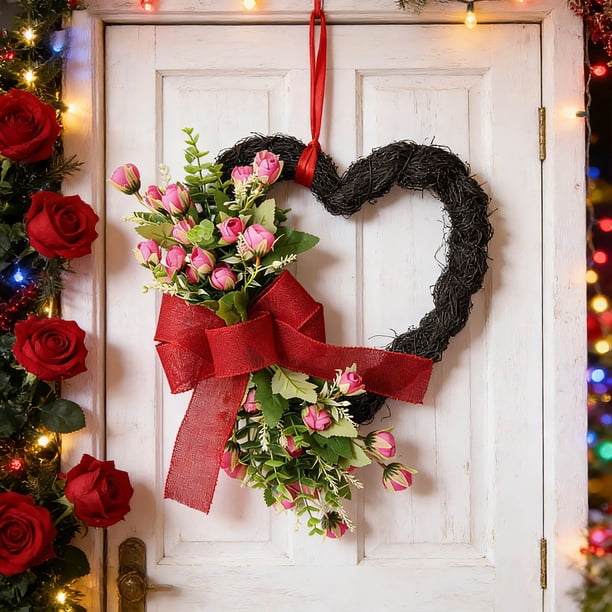 Yunuuuoa Valentine's Day Heart Wreath with Bow Door Hanging Decoration, Artificial Foliage Home Decor for Indoor Outdoor Front Door Window Wall Party Wedding Seasonal Festive Gift