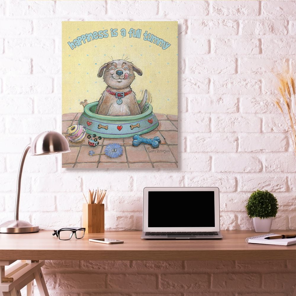 Happiness Is A Full Tummy Dog Funny Cartoon Pet Design Super Oversized Stretched Canvas Wall Art by Gary Patterson