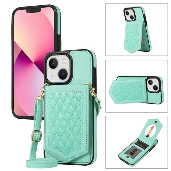Tarise Crossbody Wallet Cover Case for iPhone 14 Plus with Card Holder, Removable Neck Strap/Shoulder Strap Kickstand Slim Purse Hidden Mirror Back Phone Cover for iPhone 14 5G 6.7" 2022, Green
