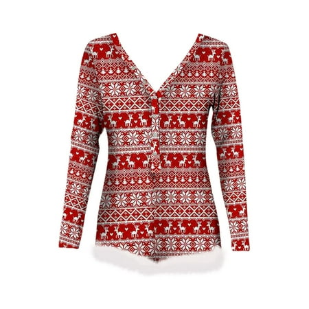 

LSFYSZD Women s Christmas Fluffy Trim Romper One Piece Pajamas Jumpsuit