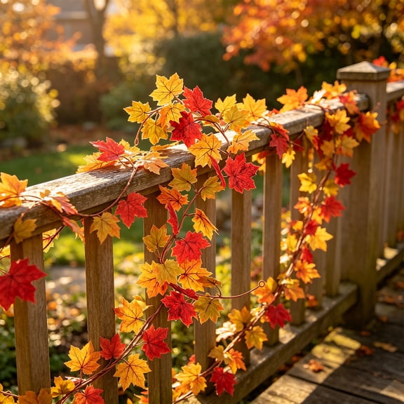 Artificial Autumn Maple Leaf Garland, Realistic Fall Foliage Vine for Halloween Thanksgiving Harvest Season, Indoor Home Fireplace Railing Window Festival Party Decor