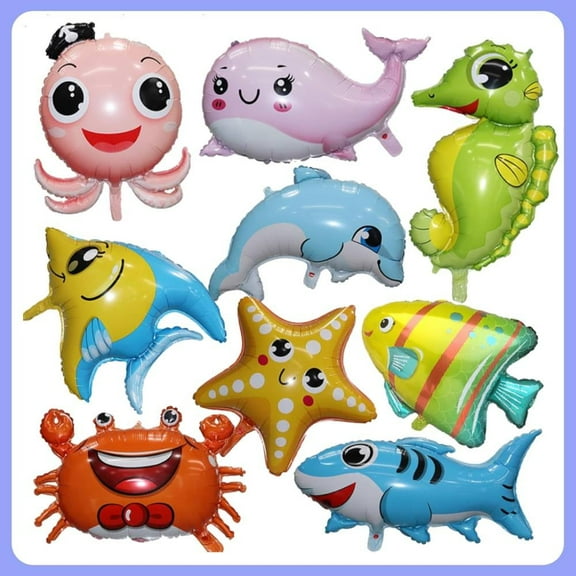 9-Piece Under Sea Party Decorations - Ocean Themed Balloons & Decor Set (Foil Balloon Kit for Birthday Parties: Colorful Nautical Animals Dolphin, Octopus, Crab)
