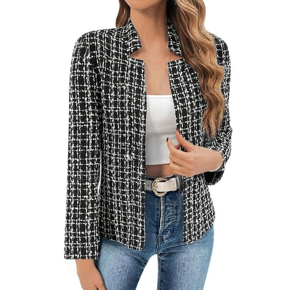 Tweed Plaid Blazer Jacket for Women Full Sleeve Stand Collar Open Front Cardigan Outerwear Black M