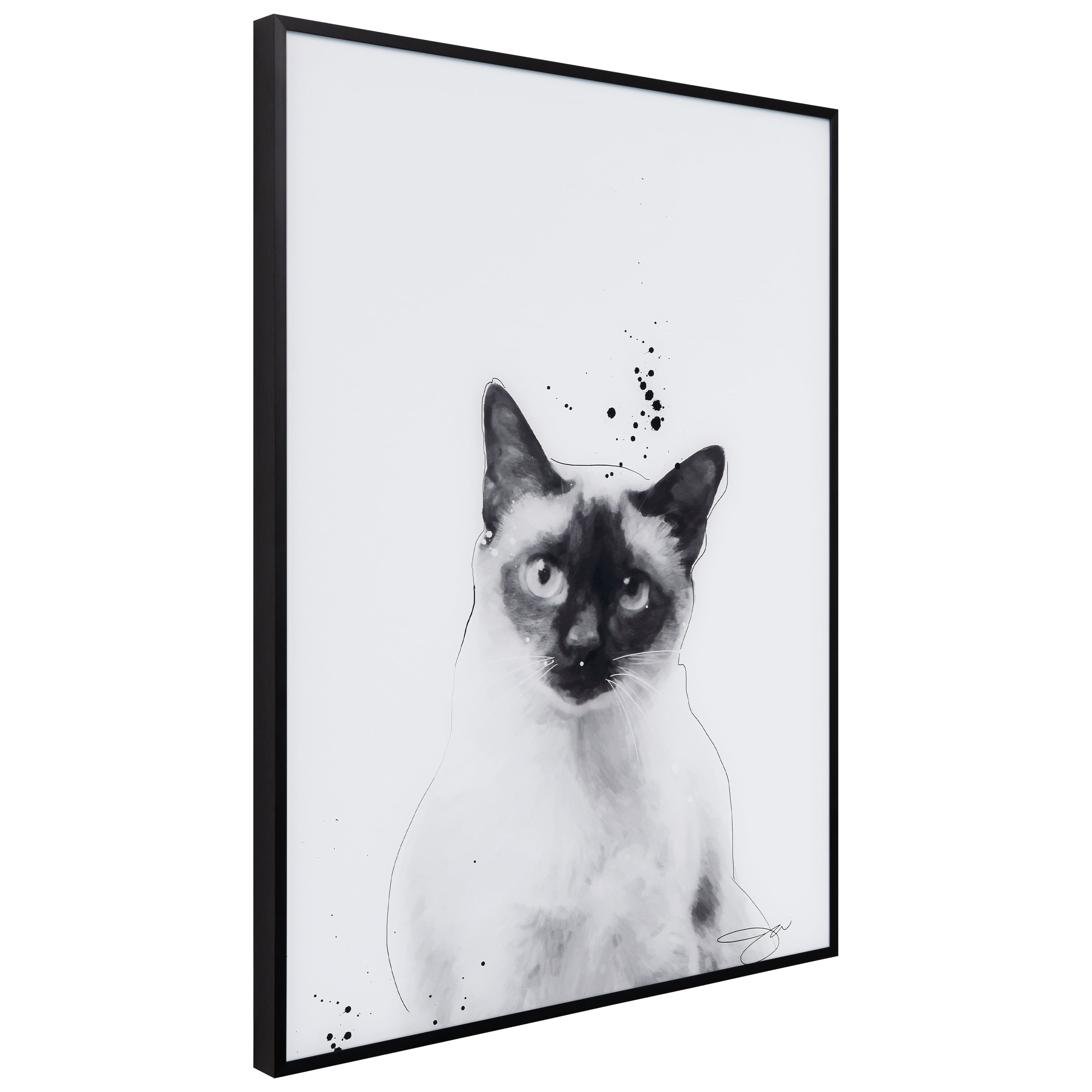 "Siamese" Black and White Pet Portraits on Reverse Printed Art Glass, Minimally Encased on Black Anodized Aluminum Frame