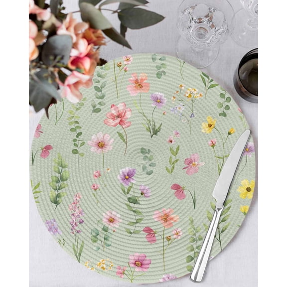 15 Inch Round Placemats Set of 6, Pink Spring Floral Non Slip Heat Insulation PP Table Mats, Farmhouse Flowers Sage Green Leaves Washable Place Mats for Kitchen Dining Party Table Decor