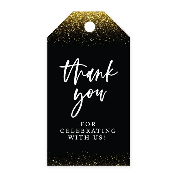 Koyal Wholesale Thank You For Celebrating With Us Favor Tags Gold Glitter With BlPkk Cardstock Tags with Bakers 100-Pk