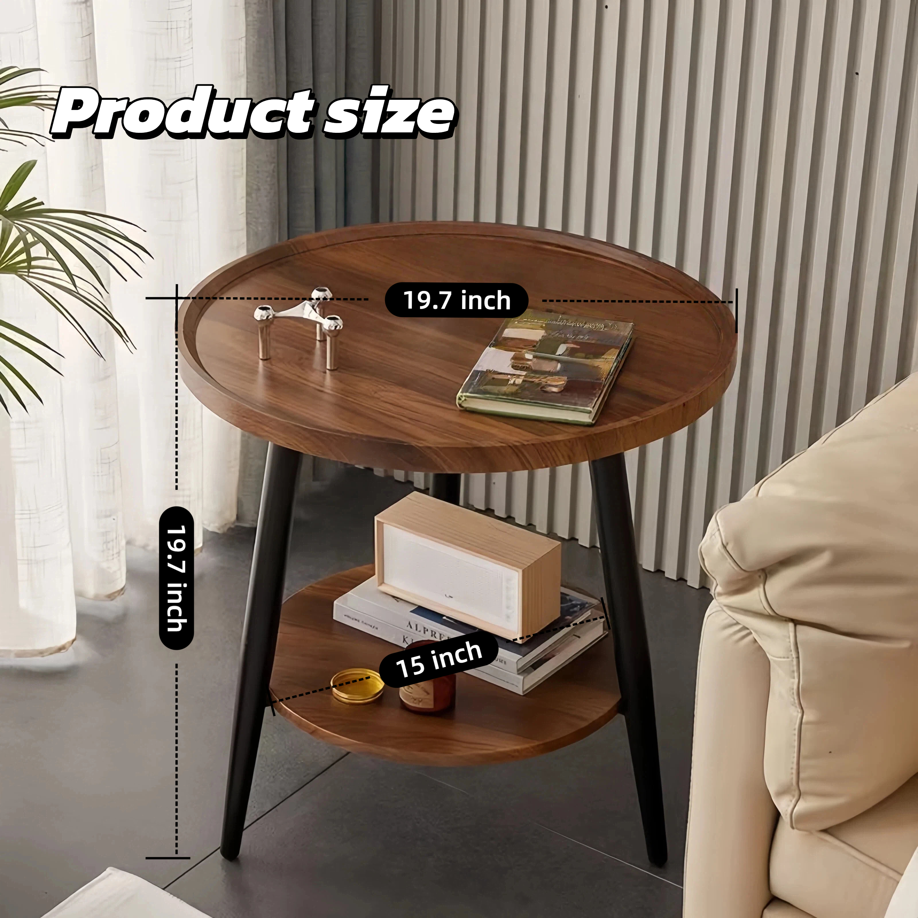 Keerffo Round End Side Table,2-Tier Mid Century Modern Coffee Sofa Table with Metal Frame Legs Nightstand for Home Bedroom and Living Room