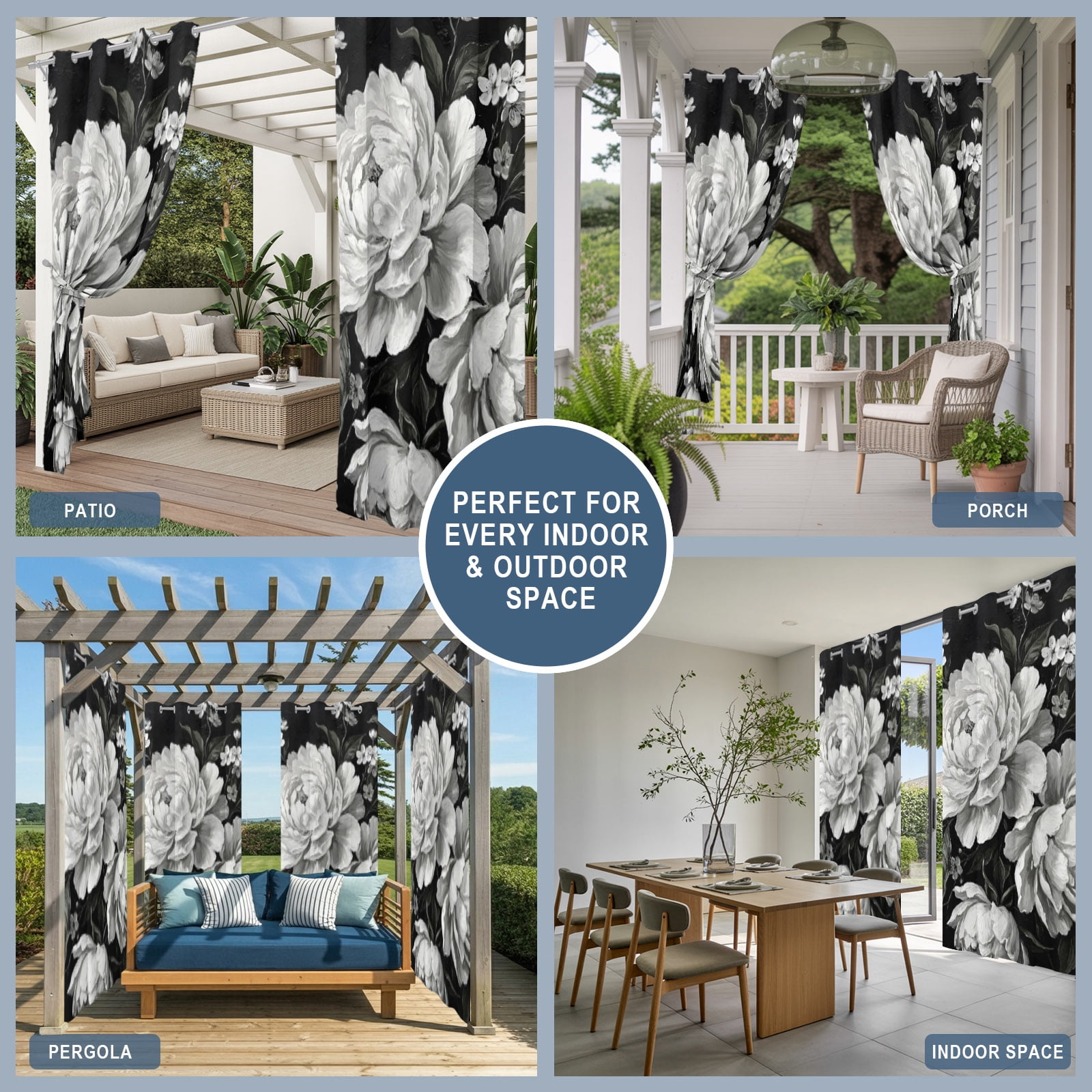 Blooming Peony Outdoor Curtains for Patio, Floral Black White Plant Sunshade Privacy Drapes Grommet Waterproof Outside Curtains for Porch/Cabana/Balcony 54"x 108", 1 Panel