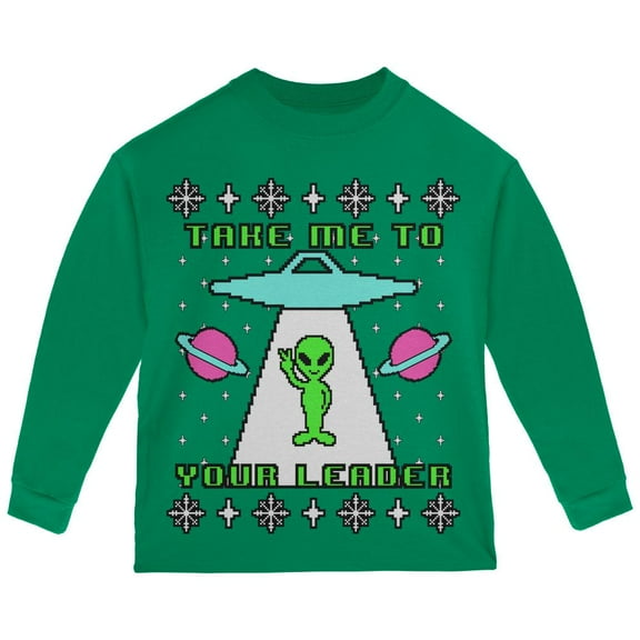 Alien Take Me to Your Leader Ugly Christmas Sweater Toddler Long Sleeve T Shirt Green 3T