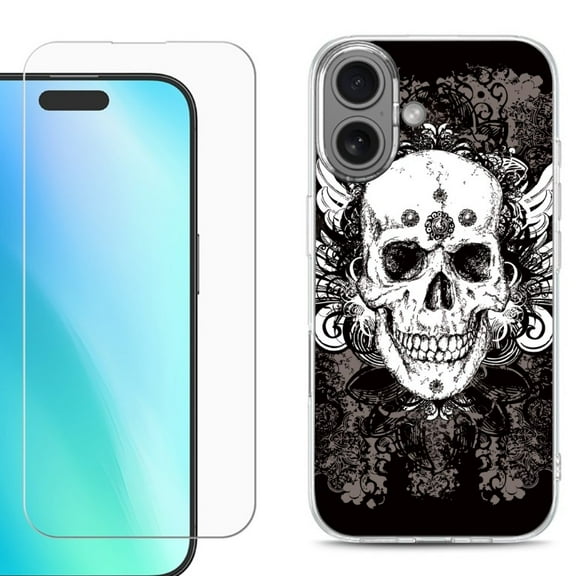 For iphone 16 Plus Phone Case Cover, Shockproof Case with Tempered Glass Screen Protector, by OneToughShield - Grunge Skull