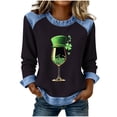 thumbnail image 3 of TaTaai Ladies Crew Neck St Patrick's Day Print Waffle Knit Top Denim Panel Long Sleeve Casual Solid Color Fashion Shirt for Daily Wear Gift, 3 of 5