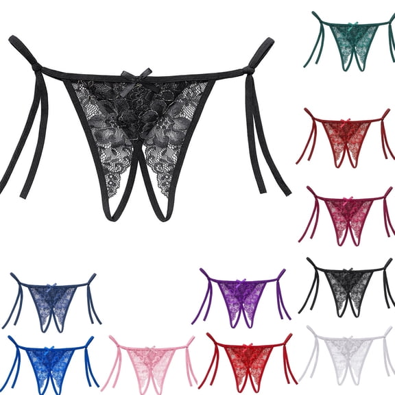 Iyufng Women's Tie Side Lace Open Crotch Thong Panties Adjustable String Cheeky Low Rise Lingerie Underwear