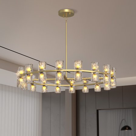 Modern Gold Crystal Chandelier,35.8" K9 Crystal Chandeliers for Dining Room Over Table,Wagon Wheel Chandeliers for Dining Room,Living Room,Foyer,Includes 36XG4 Bulbs with LED
