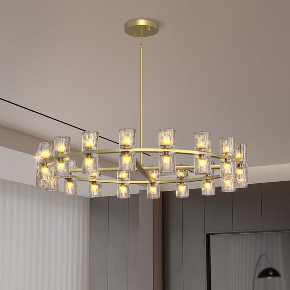 Modern Gold Crystal Chandelier,35.8" K9 Crystal Chandeliers for Dining Room Over Table,Wagon Wheel Chandeliers for Dining Room,Living Room,Foyer,Includes 36XG4 Bulbs with LED