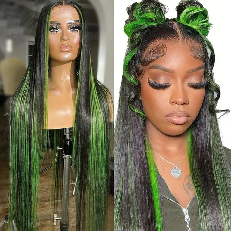 13x4 HD Highlight Green Straight Lace Frontal Wigs Ombre Human