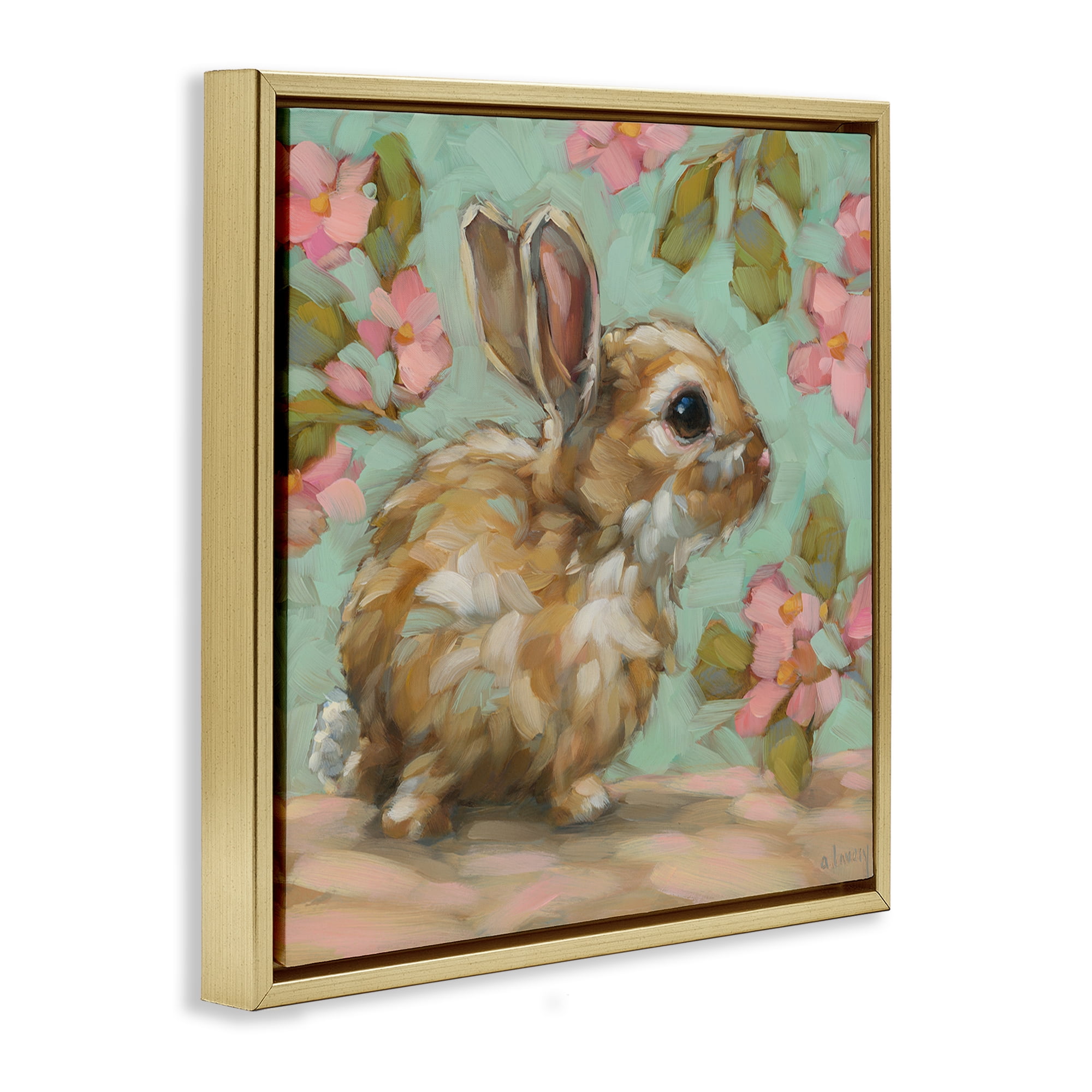Stupell Industries Baby Bunny & Florals Animals Painting Gold Floater Framed Canvas Art Print Wall Art, 25 x 25