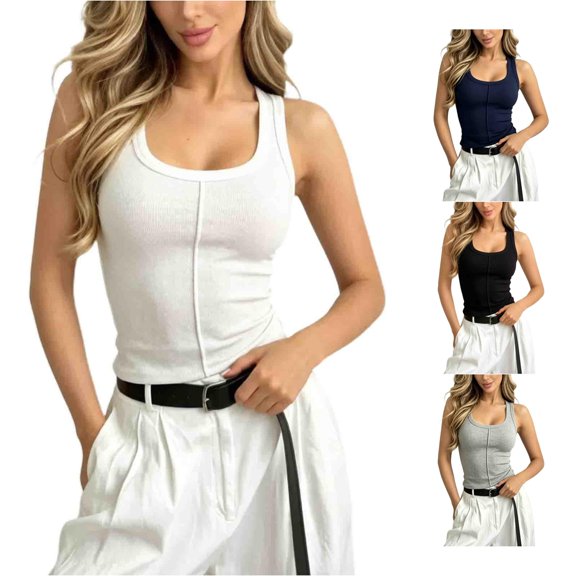 CHENHANN Women's Built-in Bra Tank Top Low Neck Wide Straps Sleeveless Undershirt L