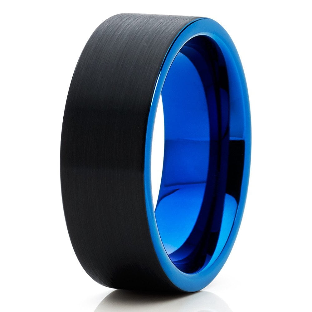 Tungsten Wedding Band Blue Tungsten Ring Tungsten Carbide Ring 8mm Brushed Black Ring Men and Women Comfort Fit