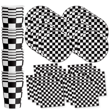 Checkered Flag Party Supplies - Black and White Checkered Party Supplies - Race Car Theme Party | Tableware Set Includes Plates Napkins and Cups | Kit for 16