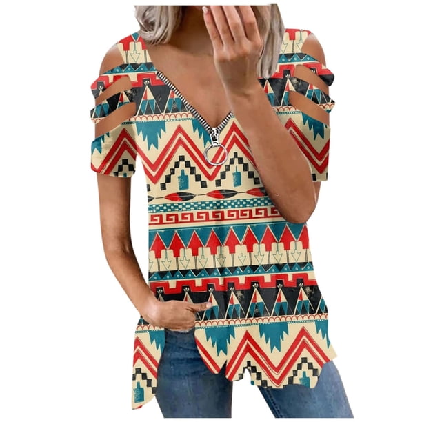 Blusa de manga corta con cuello en V y cremallera suelta para mujer OAVQHLG3B Store lin121212