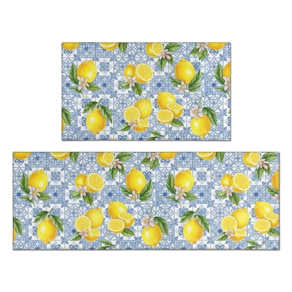 Lemon and Tile Blue Pattern Anti Fatigue Kitchen Rugs Set Of 2, Non Slip Washable Decorative Floor Mats for Kitchen Sink Laundry, 17"x30" and 17"x47"