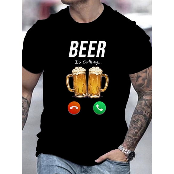 Men's Funny Beer & Can Print T-Shirt - Breathable Crew Neck Short Sleeve Tee Suitable for Summer Parties, Outdoor Activities & Casual Wear - Novelty Beer Lover Gift, Machine Washable