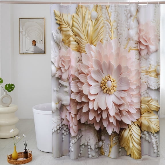 Elegant Blush Pink & Gold Floral Shower Curtain 72x72 in, Elegant Minimalist Bathroom Decor with Pearl Accents, Waterproof Washable Fabric, Hooks Included