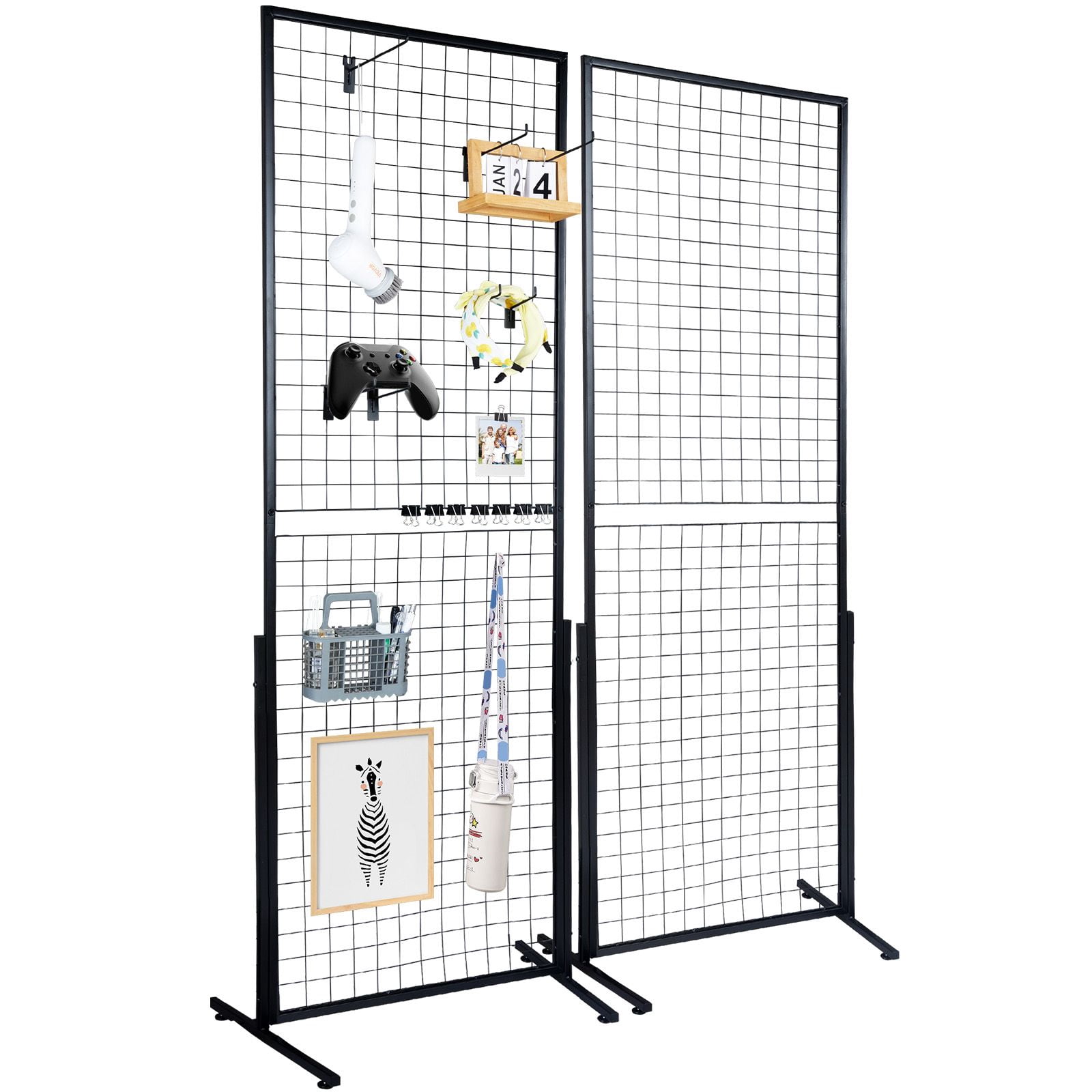 2 Pack Folding Gridwall Panel Display Towers 24.29×67.56 Inch, Freestanding Wire Grid Display Rack Holds up to 60 LBS, with Assorted Hooks & Clips for Retail Craft Fair Home Decor Organizer