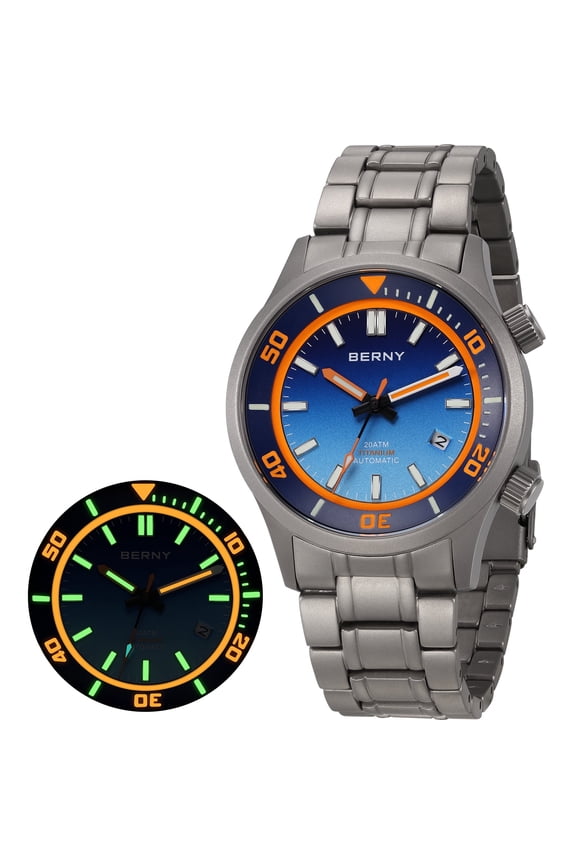 Automatic Dive Watches for Men, Sport Casual 20ATM Waterproof Titanium Watch with Date, Super Luminous, Sapphire Crystal, Fashion Men's Analog Mechanical Wristwatch (Blue)