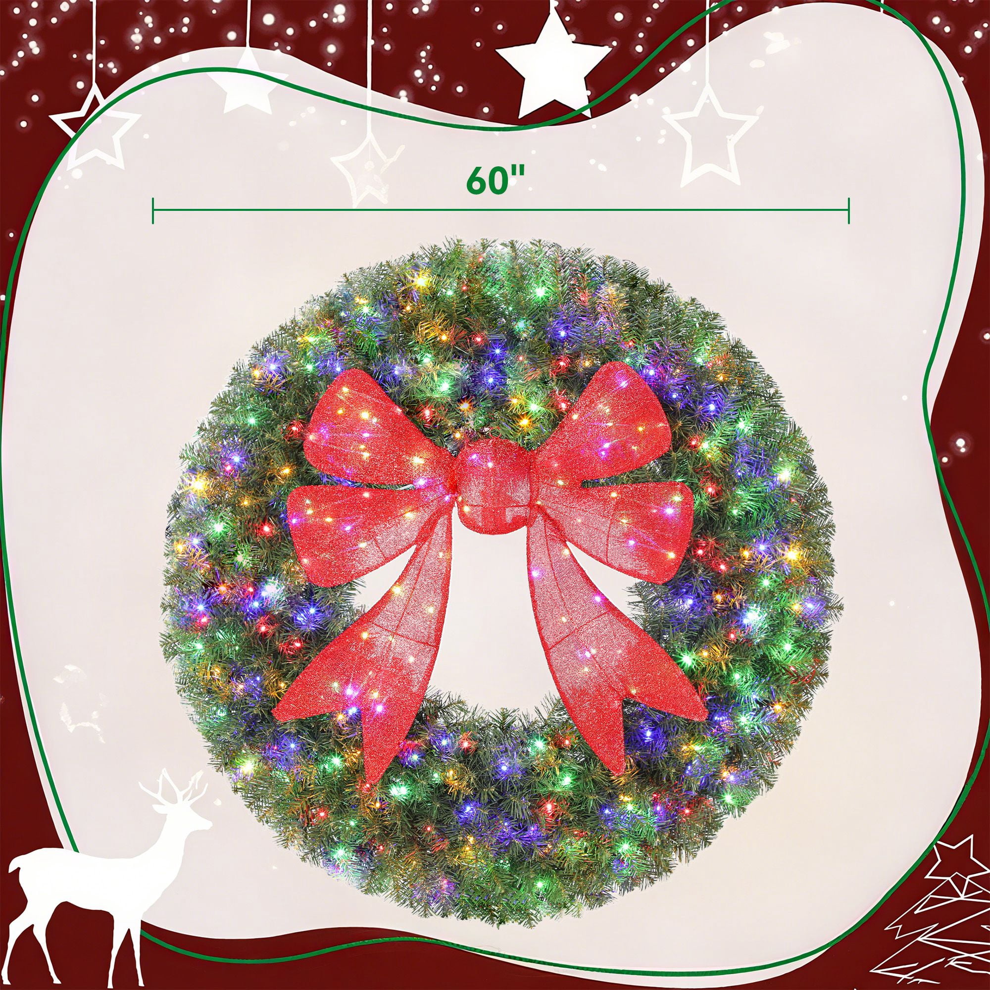 Pre-Lit Christmas Wreath, 60-Inch Front Door Wreath with 3D Bow, 300 LED Lights, 11 Lighting Modes, Remote Control, Indoor Outdoor Holiday Decoration