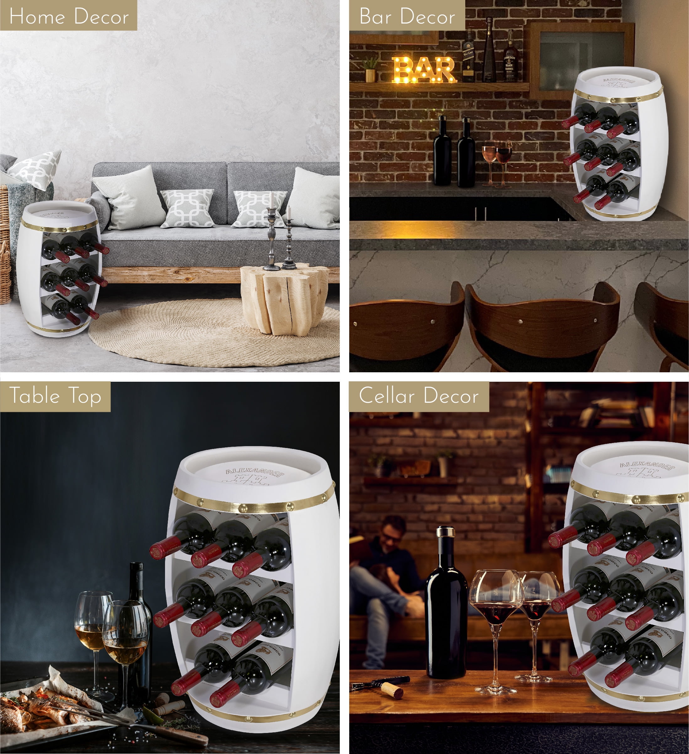 CoTa Global White and Gold Alexander Wine Rack Freestanding Wooden Wine Holder for 8 Wine Bottles Decorative Bottle Rack Floor Stand Rustic Countertop Wine Storage Shelf Organizer for Wine Bar Walmart...