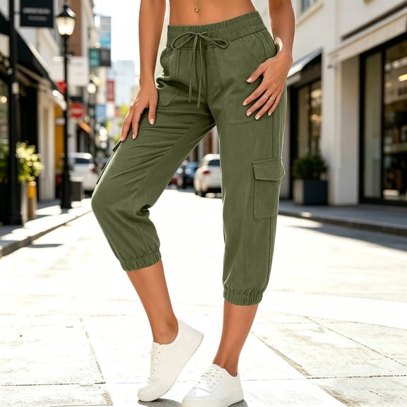 Qulqfy Capri Linen Cargo Hiking Pants for Women Athletic Plus Size Elastic Waist Stretchy Lightweight Drawstring with 4 Pockets Army Green Women's Pants