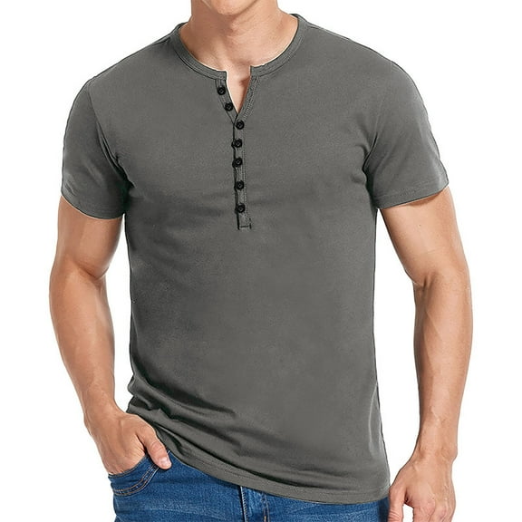 Zunfeo Casual T-Shirts for Men- Leisure Top Short Sleeve Henley Pullover Comfy Daily Tops Solid Jacket Gray