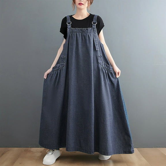 Taylonsss Womens Denim Overalls Dress Loose Fit Slimming Square Neck Flowy Midi Length Casual Daily Outfit
