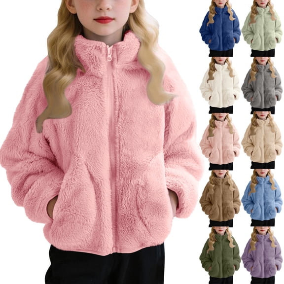 Blekii Girls Full Zip Fleece Coat Winter, Girls Full Zip Fleece Coat, Long Sleeve Solid Fuzzy Outerwear for Winter, Warm Jacket for Kids 4-14 Years Long Sleeve Fuzzy Outerwear Winter Wear, Casual