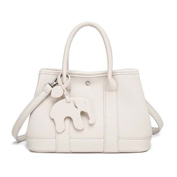 Alikpop Women's White PU Handbag with Elephant Charm, Detachable Strap 3 Ways Carry Tote Purse