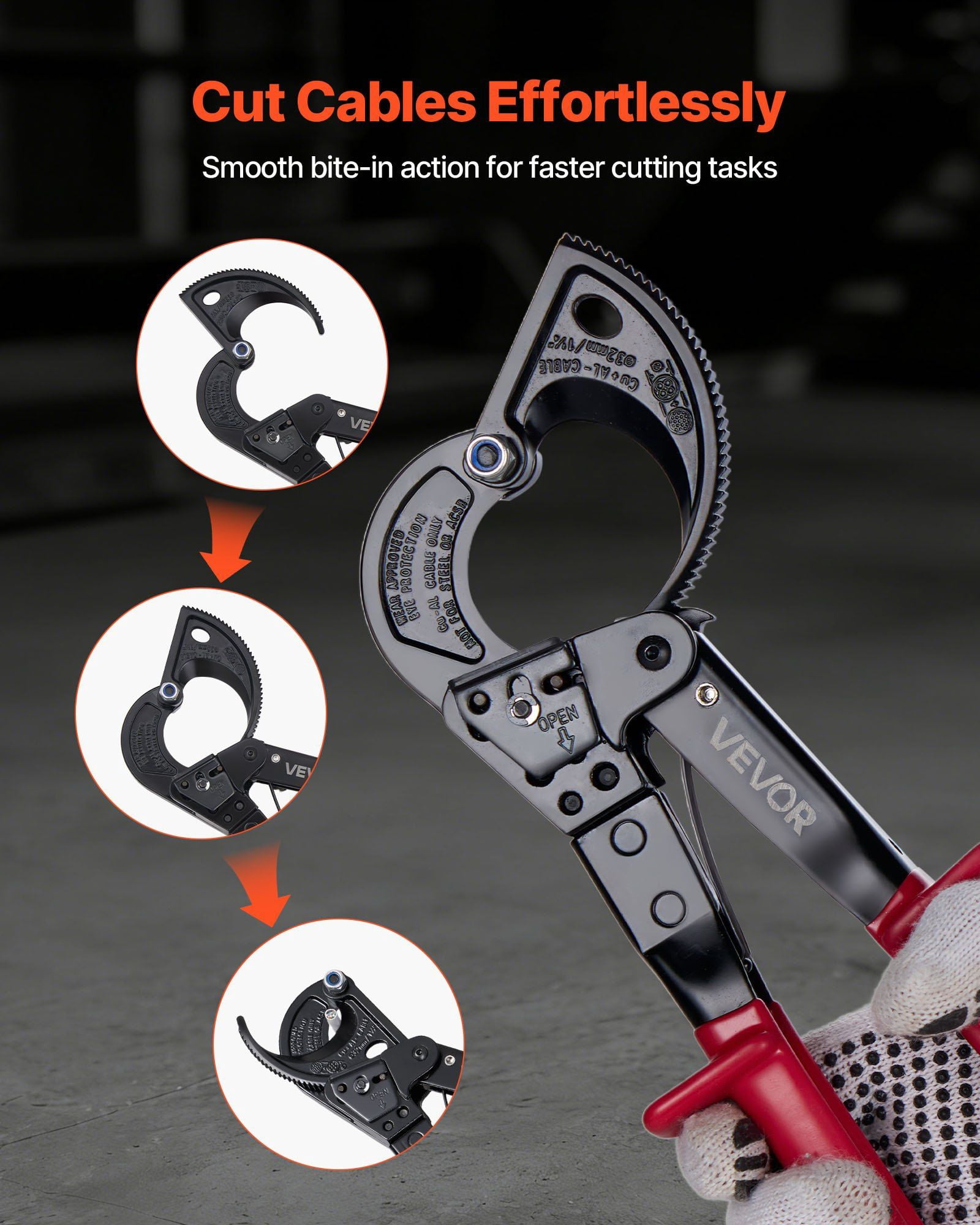 Ratcheting Cable Cutter Spring Steel Blades PVC-Coated Handles Quick-Release Button Heavy Duty Wire Cutter for Copper & Aluminum Cables