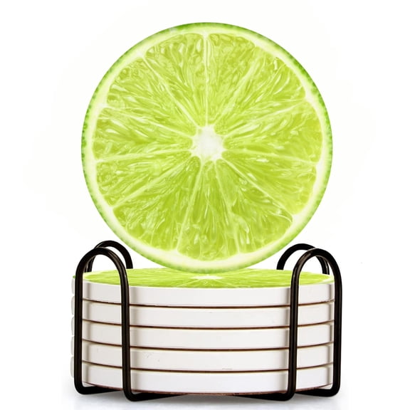 Cross-Section Of Lime Set of 6 Ceramic Coasters with Holder, Absorbent Drink Bar Coasters, Table Coasters for Living Room Decor Tabletop Protection