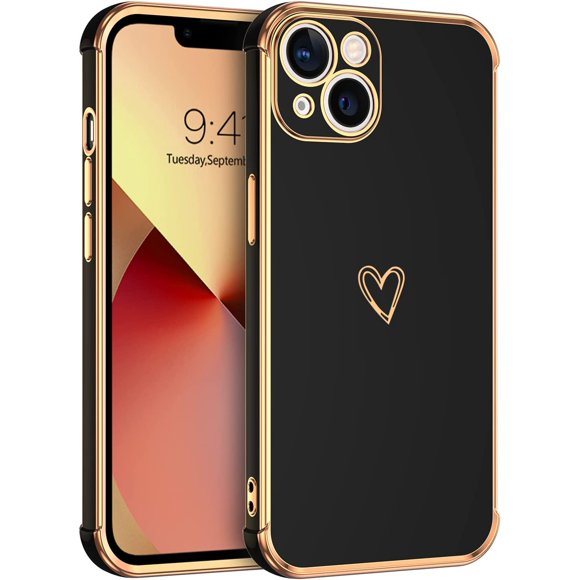AmPm Case for iPhone 13, iPhone 13 Cases Cute Heart Pattern Soft TPU Plating Cover for Women Girls with Camera Protection & 4 Corners Shockproof Protection Phone Cases for iPhone 13 6.1" Black