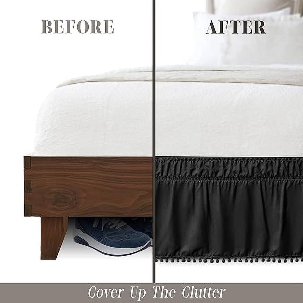 Elegant Comfort Ella Collection 1-Piece Pom-Pom Bed Skirt - 16-Inch Drop, 1500 Thread Count, Easy Wrap Around Elastic, Wrinkle Resistant, Queen/King, Black of Night