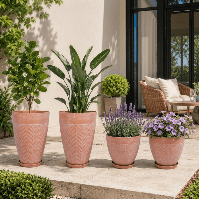 4-Piece Faux Terracotta Tall Planters With Herringbone Texture photo 3