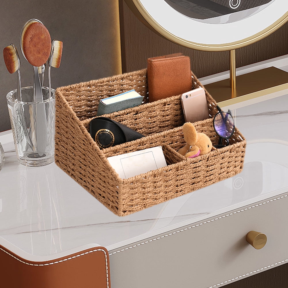 Woven Mail Organizer Basket, 12.6 Inch Countertop Mail Organizer for Bills and Pens, Farmhouse Desk Storage and Accessories